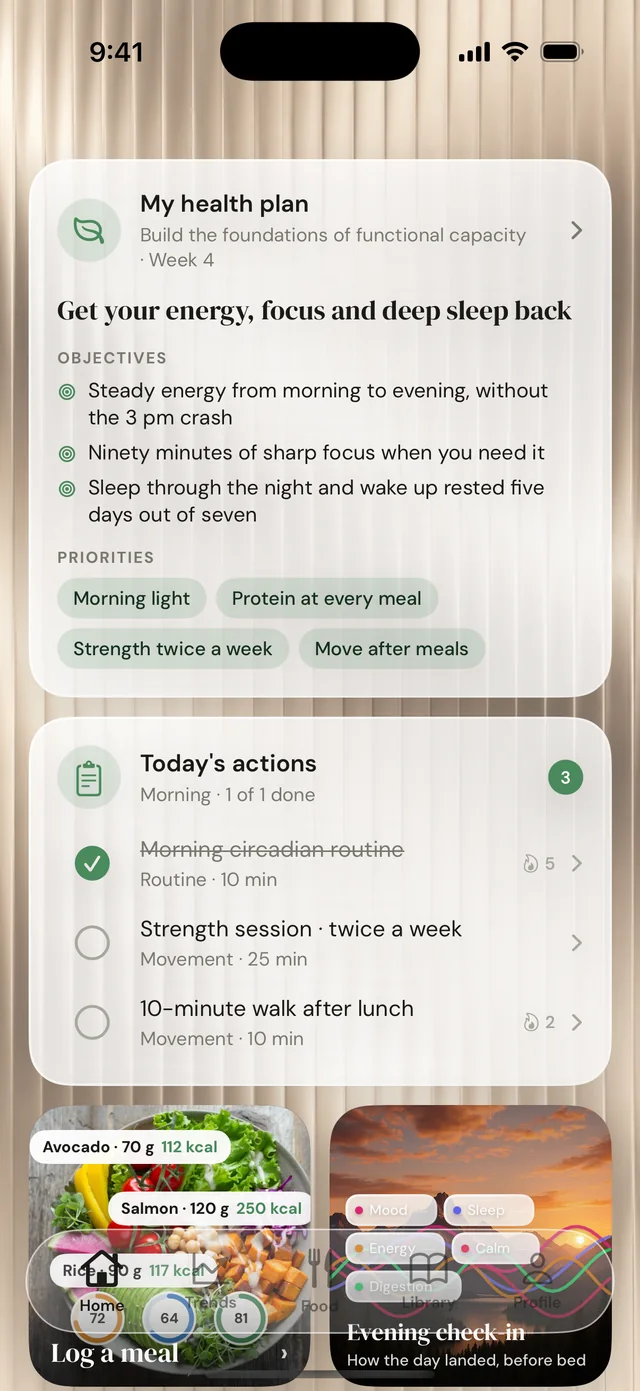 The FunctionAlps iPhone app: Home, with the health plan and today's actions